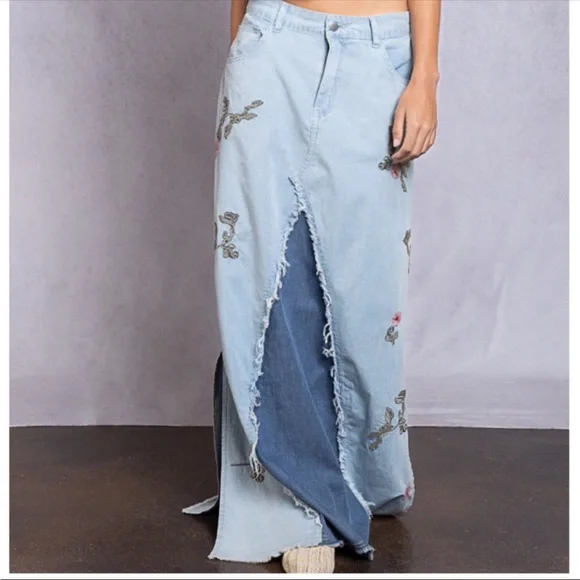 FLOWER CHILD Bohemian Long Denim Maxi Skirt - Picture 2 of 15